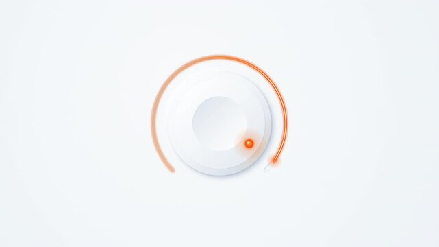 Minimalist white neumorphic dial with glowing orange indicator and arc, ideal for modern user interface design, dashboard control knob, volume slider, or power level setting graphic.