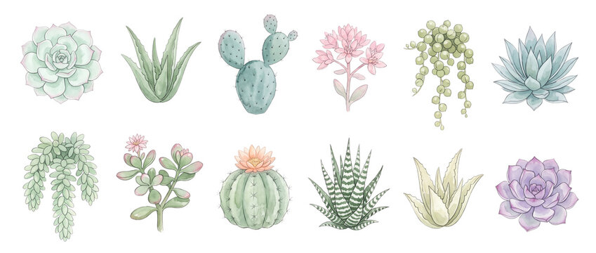 Succulent cacti plants watercolor set isolated on black background featuring echeveria aloe vera string of pearls burro tail and blooming desert flora illustrations for botanical decorative design