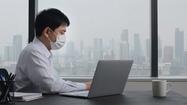 Office worker wearing face mask at laptop with smoggy city view