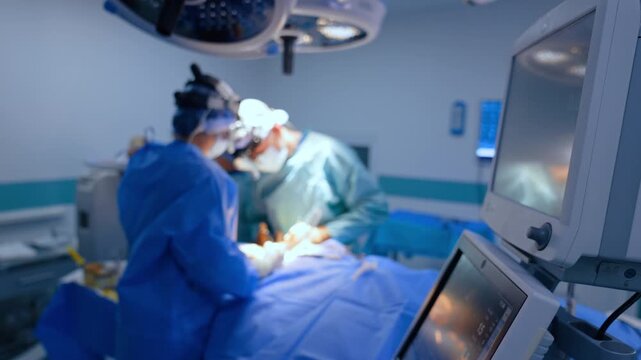 A medical equipment panel frames surgeons working in the background. The angled display is sharp while blue and green gowns blur beneath a ceiling lamp beyond it.