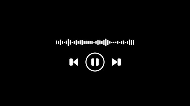Animated music player controls with audio waveform sound spectrum on black background. Mouse cursor clicks play, pause, next, and previous buttons for audio visualization UI.