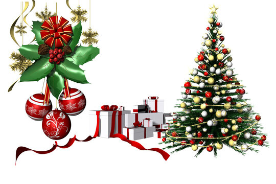 PNG, trasparente. Natale. Regali di Natale accanto a decorazioni natalizie. Albero e palle di Natale.