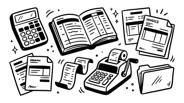 Accounting and finance hand drawn collection featuring a calculator, ledger book, invoice document, and a receipt machine