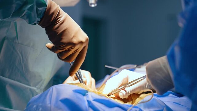 Gloved hands manipulate metal instruments during a surgical procedure. A close view shows brown and pale gloves above blue drapes under a concentrated patch of light.