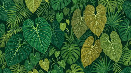 Tropical jungle foliage with large heart-shaped leaves and assorted greenery © fatime
