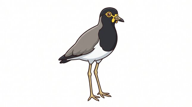 Cartoon Javan lapwing bird with gray body, black head and chest, white belly and yellow eye ring standing on long thin legs