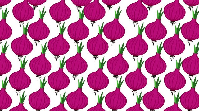 A vibrant seamless pattern featuring purple onions with green leaves on a clean white background