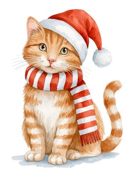 Cute watercolor christmas ginger cat wearing santa hat and striped scarf holiday kitten illustration isolated on white background