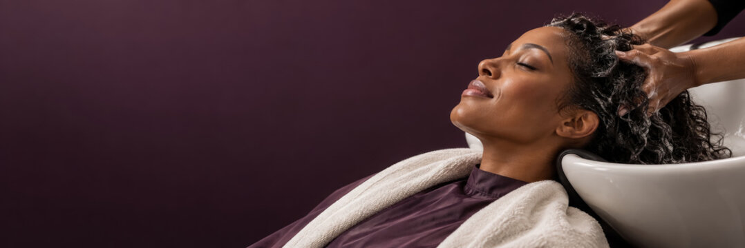 Adult Black woman reclines at a salon shampoo basin while a stylist washes her hair. Relaxation and personal care concept.