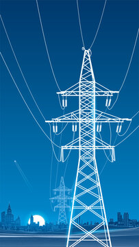 Vertical vector illustration of a high voltage electricity transmission tower with overhead power lines, distant pylons and city skyline at sunset. Electrical grid and energy infrastructure concept 