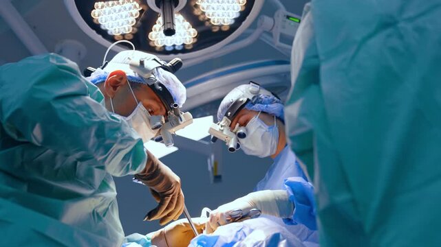 A surgeon handles an instrument beside a colleague under ceiling lamps. The low angle shows brown gloves and a green gown between blue clothing and a draped table.