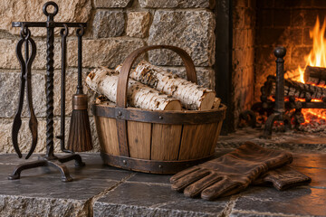 Naklejka premium Birch logs in a wooden basket next to a stone fireplace with burning fire, iron fireplace tools and leather gloves on hearth. Winter warmth, cozy home, interior design.