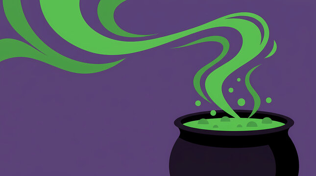 Green magic potion smoking out of a cauldron on purple background