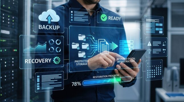 Data Recovery And Cloud Backup Management System Interface Displayed On A Smartphone Held By A Professional IT Technician Working In A Server Room Environment With Digital Analytics And Progress Bars
