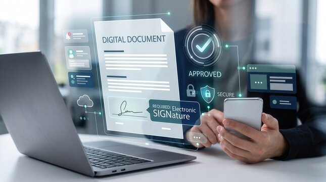 Digital document signing process with a person using a smartphone to approve a virtual contract via a secure electronic signature interface displayed on a laptop screen in a modern office environment