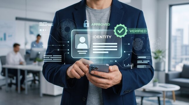 Digital Identity Verification Concept Featuring A Professional Man Holding A Smartphone With A Holographic Interface Displaying Approved Status And Biometric Security Symbols For Secure Online Access