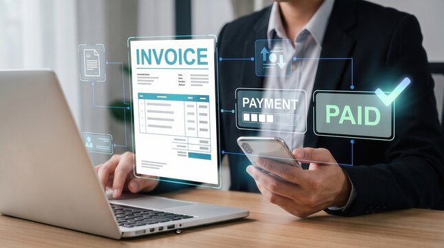 Digital Invoice Processing System Featuring A Professional Businessman Using A Laptop And Smartphone To Manage Financial Transactions With A Virtual Interface Showing Payment Status And Paid