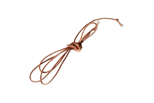 Coiled brown Nylon rope with a looped knot, isolated on a Transparent Background.