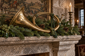 Naklejka premium Brass horn resting on festive evergreen mantel decoration, pine cones and lit candle in rustic stone fireplace, holiday atmosphere. Christmas decor, winter celebration, interior design.