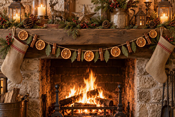 Naklejka premium Cozy stone fireplace with burning logs, hanging burlap stockings decorated with dried orange slices and cinnamon sticks, festive evergreen garland. Winter holiday, Christmas decor, warm atmosphere.