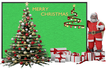 PNG. Trasparente. Illustrazione 3D. Natale. Babbo Natale, e decorazione natalizia. Spazio per testo per auguri, pubblicità, regali, di Natale e di capodanno. © massimo_g