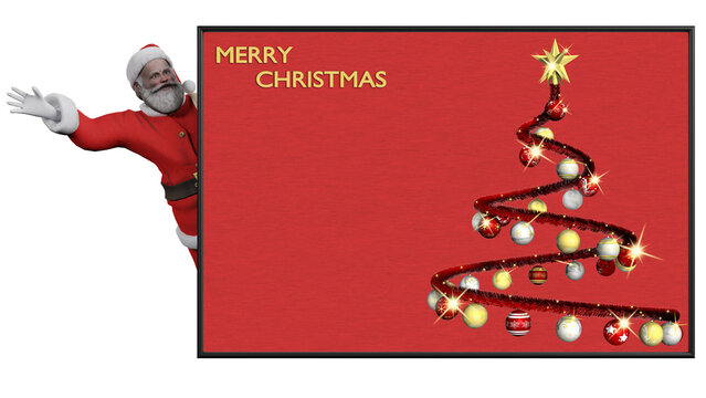 PNG. Trasparente. Illustrazione 3D. Natale. Babbo Natale, e decorazione natalizia. Spazio per testo per auguri, pubblicit&agrave;, regali, di Natale e di capodanno.