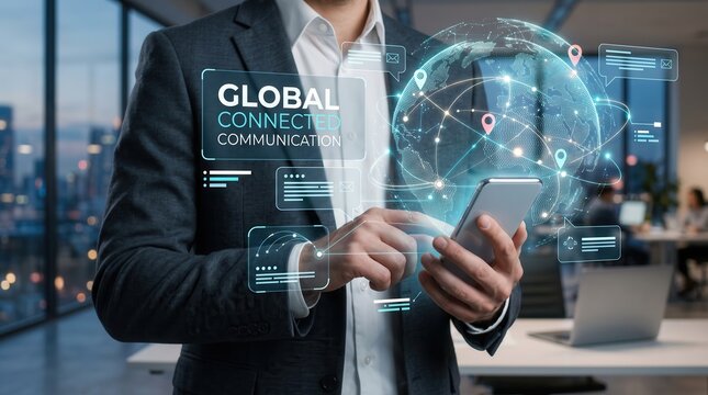 Global Connected Communication Concept Featuring A Businessman Using A Smartphone With A Holographic Digital Earth Globe Interface Displaying Network Connections And Data Messaging Icons In An Office