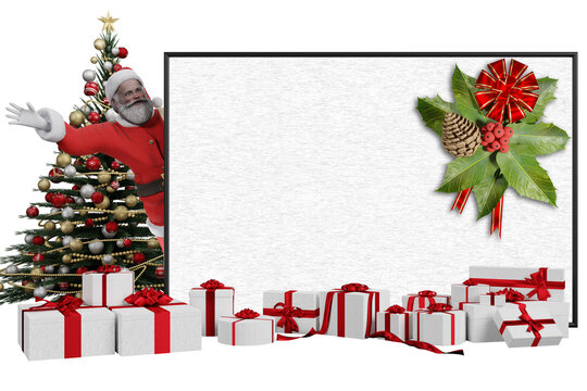 PNG. Trasparente. Illustrazione 3D. Natale. Babbo Natale, e decorazione natalizia. Spazio per testo per auguri, pubblicit&agrave;, regali, di Natale e di capodanno.