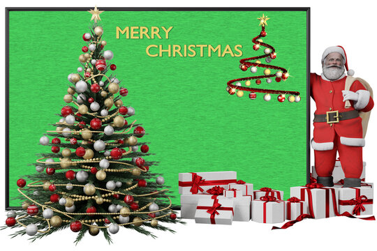 PNG. Trasparente. Illustrazione 3D. Natale. Babbo Natale, e decorazione natalizia. Spazio per testo per auguri, pubblicit&agrave;, regali, di Natale e di capodanno.