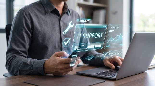 IT Support Service Concept Featuring A Professional Man Using A Smartphone And Laptop With Digital Holographic Interface Overlays Showing Diagnostic Charts And Resolved Status Icons In A Modern Office
