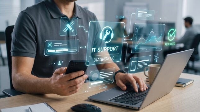 IT Support Technician Working On A Laptop And Smartphone With Augmented Reality Diagnostic Interface Displaying Network Performance Graphs And System Status Icons For Professional Technical Assistance