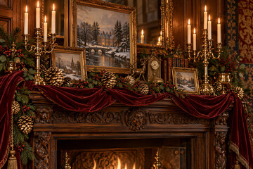 Naklejka premium Ornate wooden fireplace mantel decorated for winter festivities, gold candelabras with lit candles, pine branches, pinecones, and velvet drapery. Festive interior design