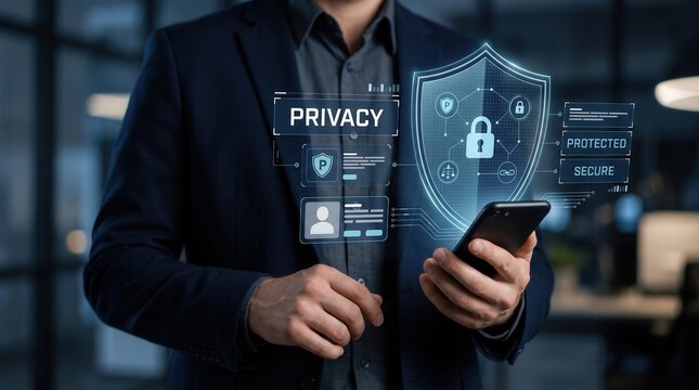 Privacy protection digital interface displayed by a professional businessman holding a smartphone featuring a glowing shield icon with a padlock symbol and various data security analytics elements.