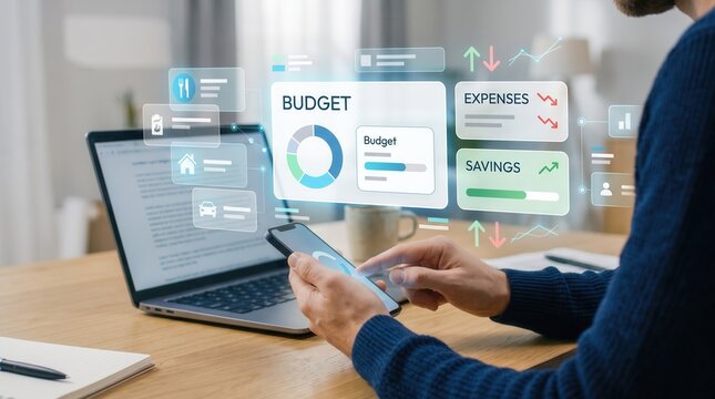 Personal Finance Management Concept Featuring A Man Using A Smartphone To Review Digital Budgeting Data With Interactive Charts And Expense Tracking Icons Displayed In A Modern Virtual Interface
