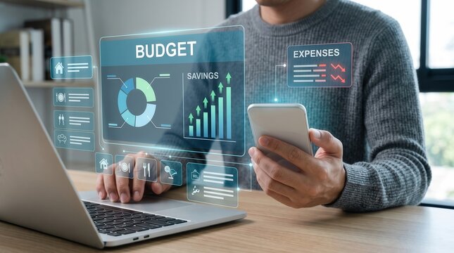 Personal finance management concept showing a man using a smartphone and laptop to analyze digital budgeting data with interactive charts displaying savings growth and decreasing expenses
