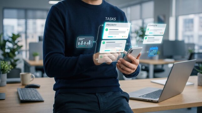 Professional man managing digital tasks using a smartphone with holographic project management interface showing priority lists, completed items, data charts, and a calendar in a modern office