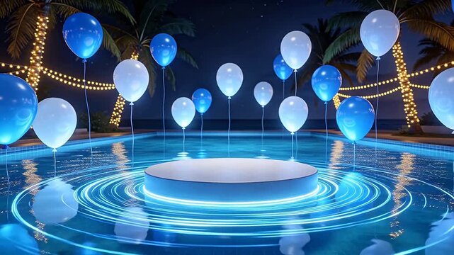 Night pool scene with white platform and floating balloons