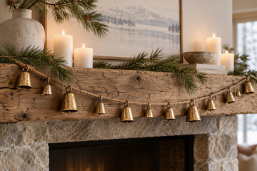 Naklejka premium Rustic wooden mantelpiece decorated with pine branches, lit candles, and brass bells on rope garland. Cozy winter home decor, seasonal interior design, hygge atmosphere.