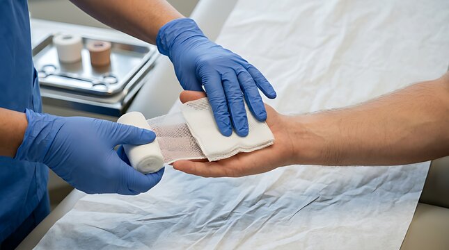 Medical professional wearing blue surgical gloves wrapping gauze bandage around injured hand of patient in clinic medical treatment and first aid