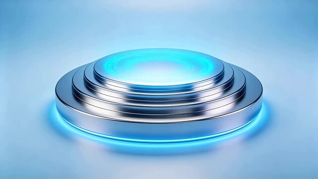 Multi-layered silver metal disc structure with blue light on gradient background