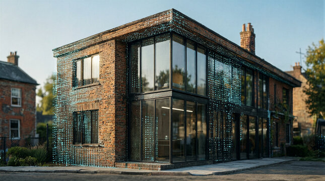 Architectural restoration of mid century modern home featuring original brick and digital point cloud projection