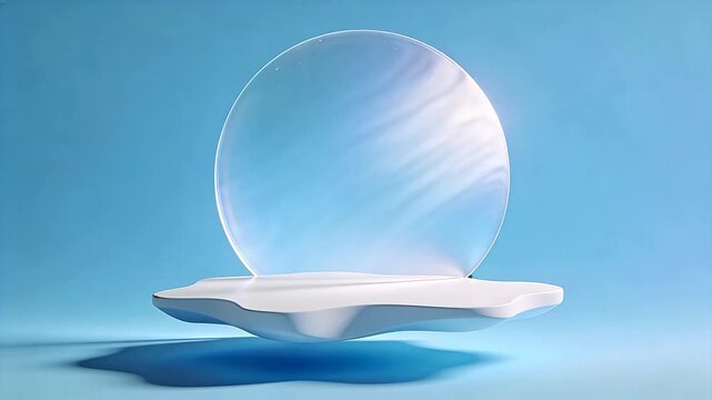 Transparent circular object floating on white pedestal with light stripes