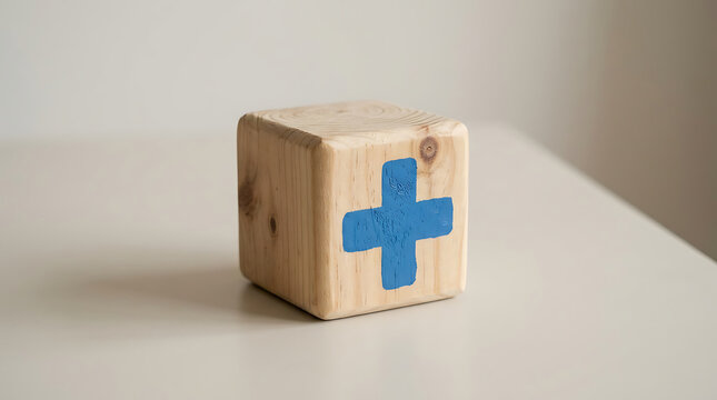 Wooden cube with blue plus sign symbol