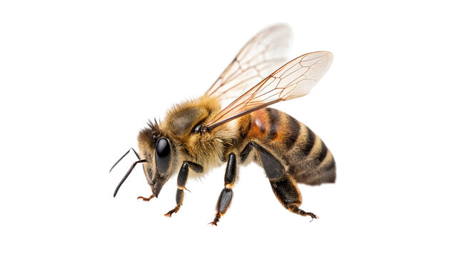 Single wild honey bee insect pollinator biological nature wildlife macro specimen, isolated on transparent background.
