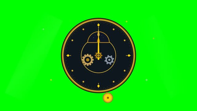 Gold mechanical clock face animation with rotating gears and pendulum