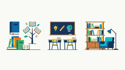 Obraz premium Education and Schooling Flat Vector Illustration Set: Knowledge Tree, Classroom Learning, and Library Reading Nook. Icons for Literacy, Growth, and Academic Success.
