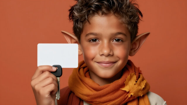 Smiling boy with elf ears holding a key and blank card