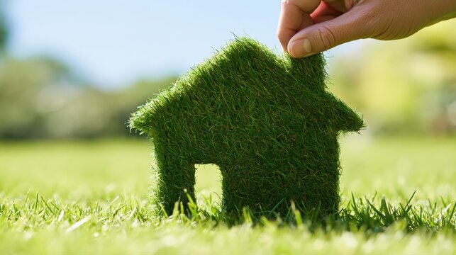 Hand pinching the roof of a grass-covered house silhouette