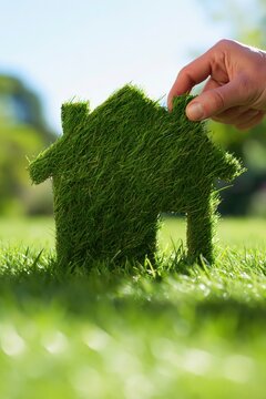 Hand holding a green grass house shape above a sunlit lawn