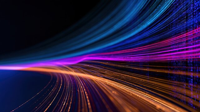 Blue, magenta and orange light trails flowing into binary code